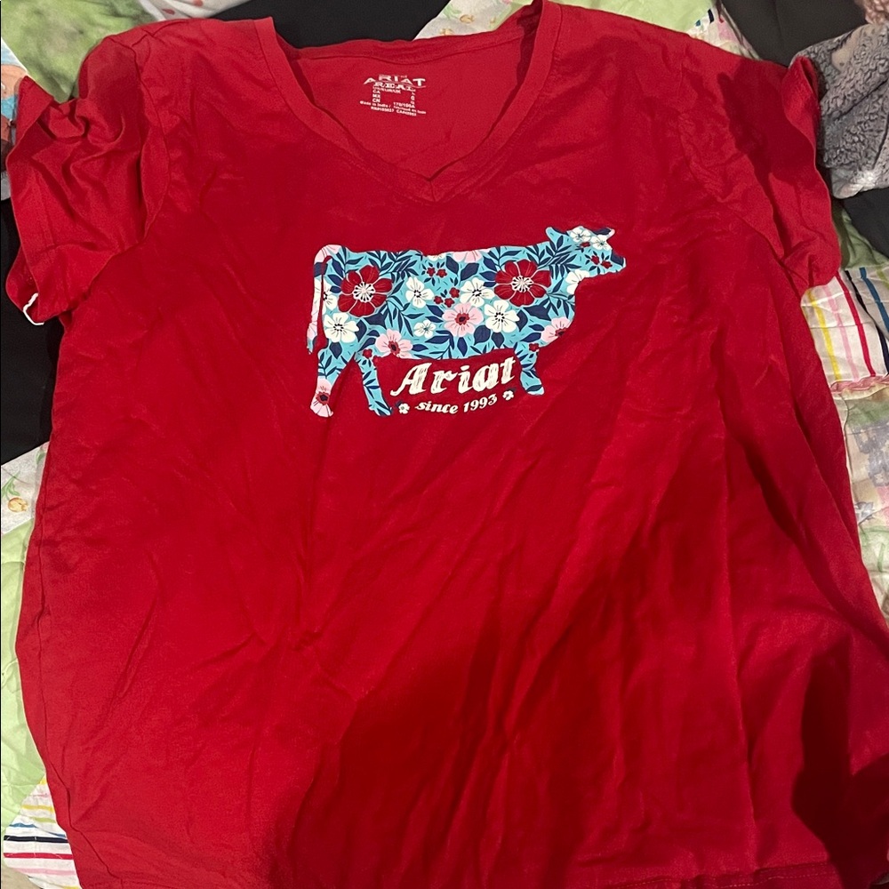 Ariat Red Tee with Floral Cow Design
